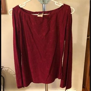 Red silky open shoulder top